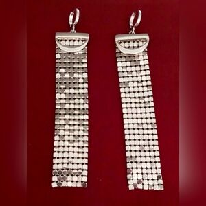 High Shine Tassle Earrings 4.4"  Mesh Dangle Earrings Mirror Long Silver Tone
